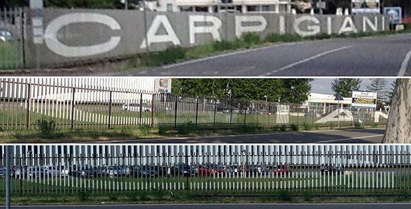 Un esempio di anaformosi lineare è visibile sulla recinzione della sede aziendale Carpigiani, nota fabbrica di gelati.