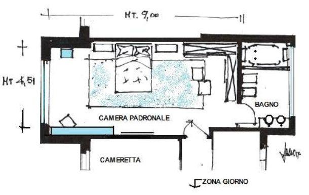 Camera da letto di 40 mq: idea di progetto in azzurro Progetto casa 40 mq