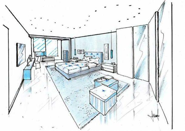 Camera da letto di 40 mq: idea di progetto in azzurro Progetto camera da letto