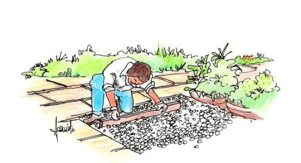 Costruzione di superfici a ciottoli in giardino