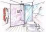 Disegno prospettico di bagno con box doccia triangolare a pavimento