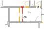 Interventi murari per adattare il ripostiglio a lavanderia: in giallo demolizioni e in rosso costruzioni