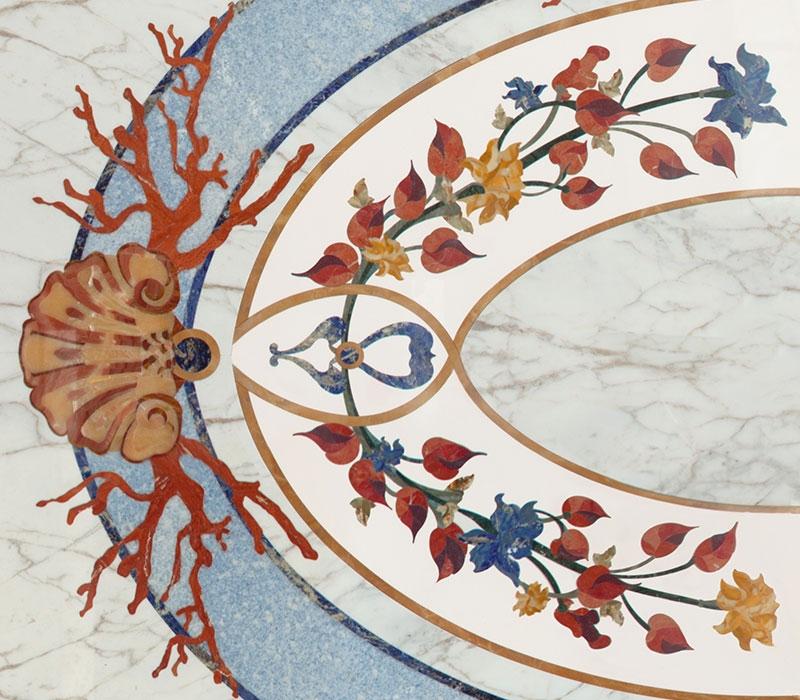 Pavimento di marmo intarsiato con motivi marini e floreali, by Budri