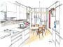 Cucina con penisola - tavolo diagonale: disegno di progetto