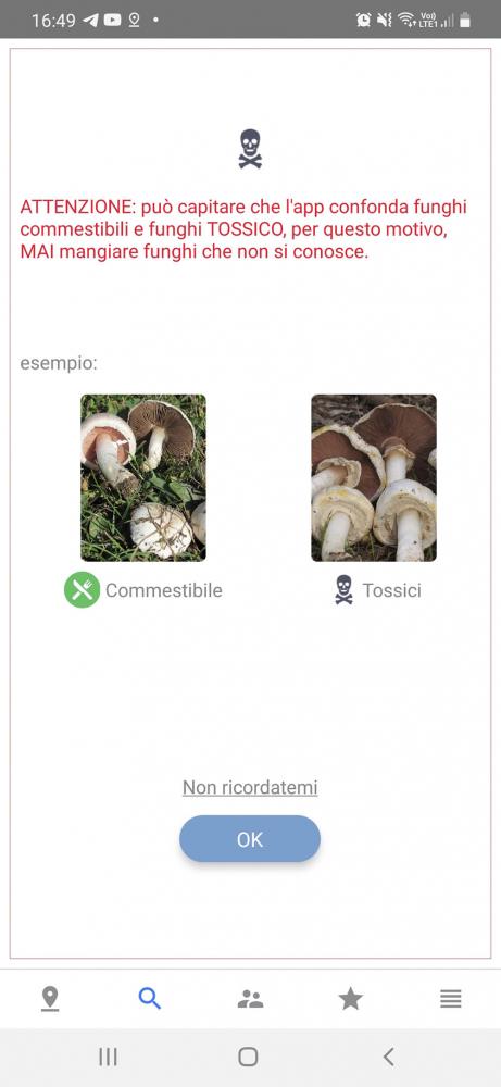 Screenshot dell'app per identificare i funghi