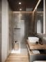 Un bagno con rivestimenti in gres effetto marmo ed effetto legno - foto Pinterest