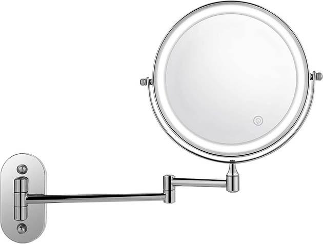 Specchio Da Trucco LED Con Ingrandimento 30x – Luce Integrata, Ricaricabile USB, Cromato, Girevole A Parete