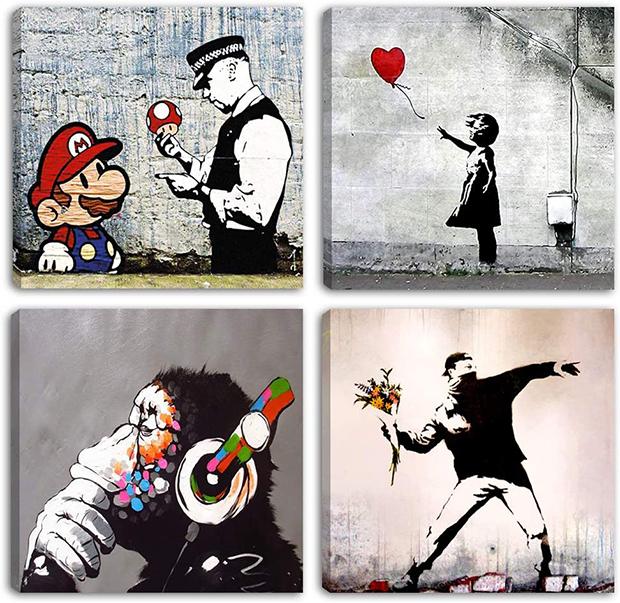 modern living room painting with Banksy reproductions