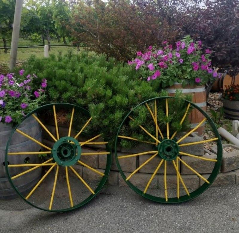 Delle vecchie ruote metalliche possono essere ridipinte per adornare il terrazzo o il giardino