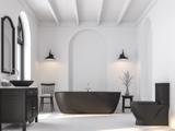 Bagno nero con pareti e pavimenti bianchi di contrasto 