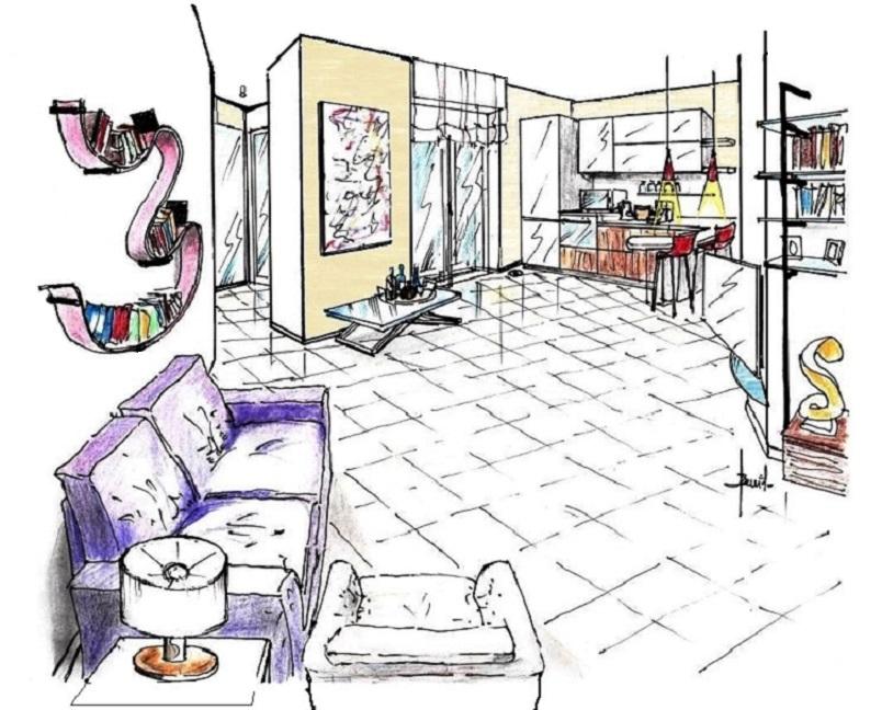 Cucina salotto studio in 30 mq - Progettista Designer Antonio Previato