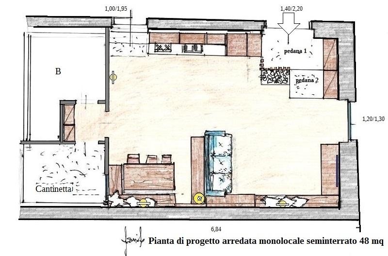 Monolocale seminterrato 48 mq pianta arredata - Progettista Antonio Previato