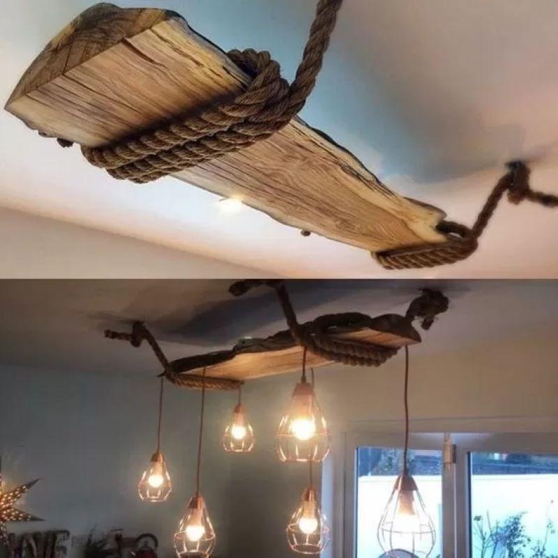 Lampadario realizzato con legno e una corda. Foto da Pinterest