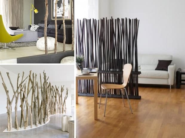 Dividers with recycled branches, from myinteriordesign.it 