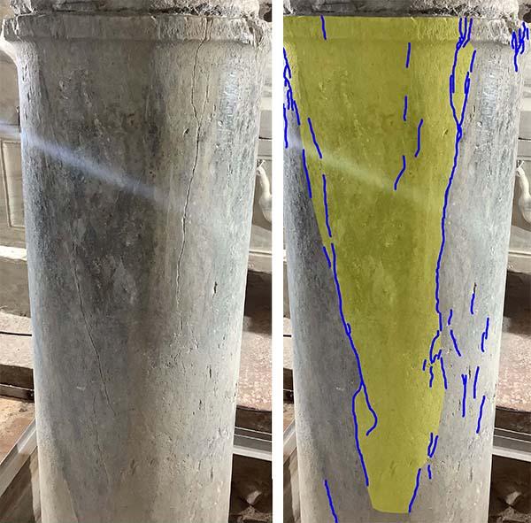 Schiacciamento asimmetrico di una colonna in marmo