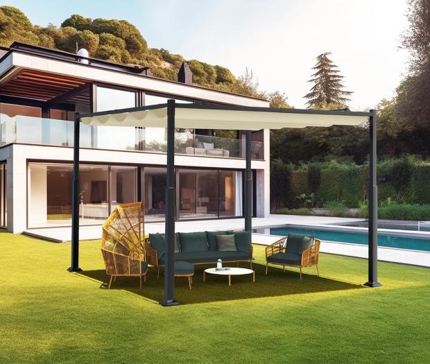 Pergola con telo scorrevole in giardino 