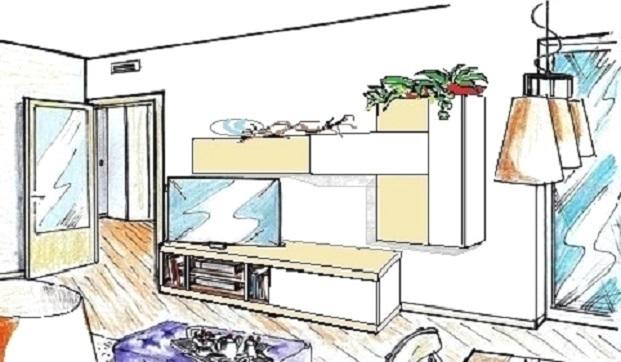 Soggiorno stretto e lungo parete attrezzata