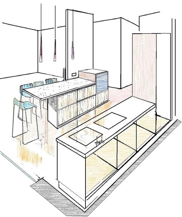 Cucina doppio accesso con isola snack