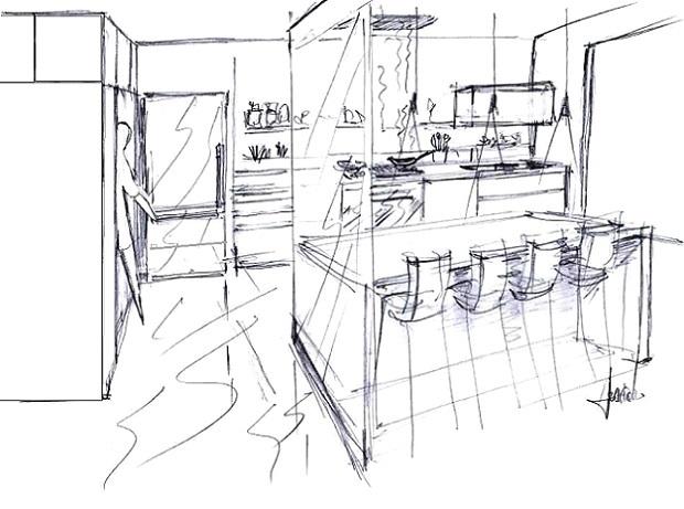 Cucina passante - disegno in bozza, di Antonio Previato