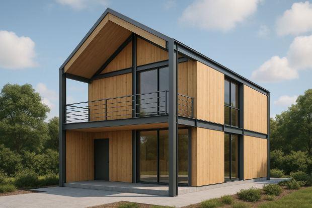 Rendering casa in legno lamellare e acciaio