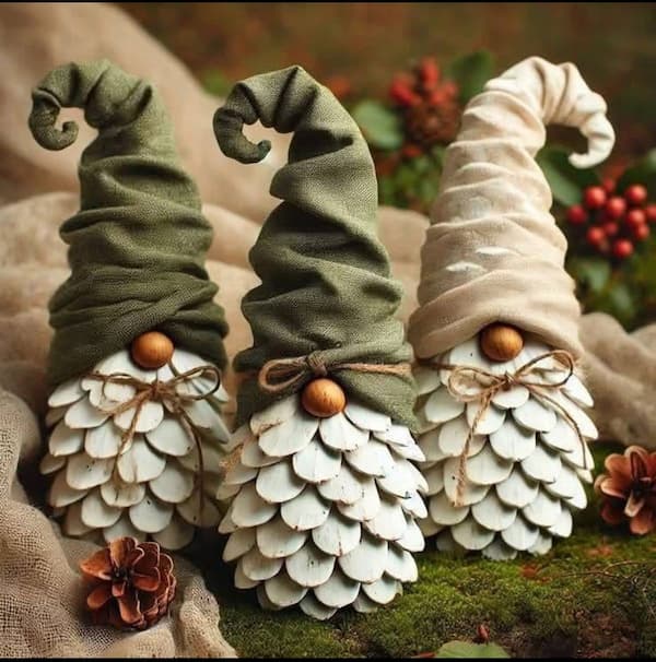 Simpatici elfi realizzati con pigne e stoffa riciclata - foto Pinterest