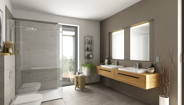 Bagno moderno con rivestimenti neutri
