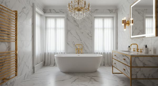 Bagno minimal e di lusso con piastrelle grandi