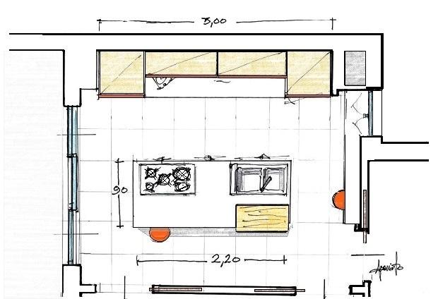 Cucina con isola: pianta con misure