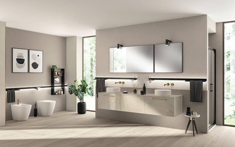 Mobile bagno sospeso con doppio lavabo, scelta adatta a bagni grandi dove la capienza conta più dell’effetto visivo