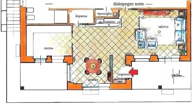 Soggiorno con camino a pianta