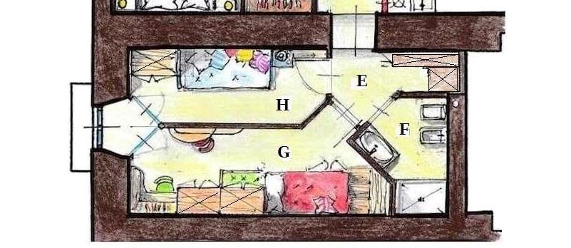 Due camerette da una, dividendo la portafinestra - Progetto di Antonio Previato