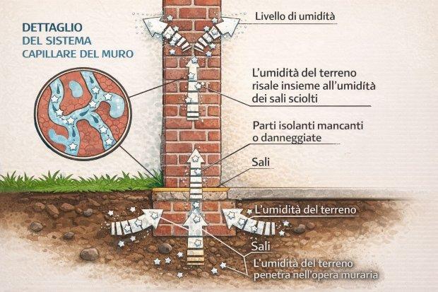 Schema del meccanismo della risalita capillare dell'acqua 