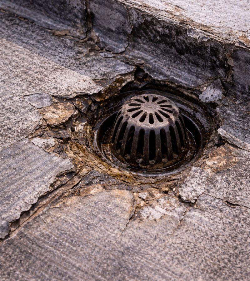 Dettaglio scarico terrazzo con guaina deteriorata nei punti di raccordo - Canva