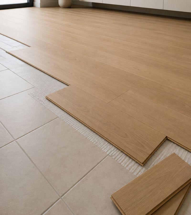 Parquet prefinito sottile installato sopra pavimento esistente in ceramica