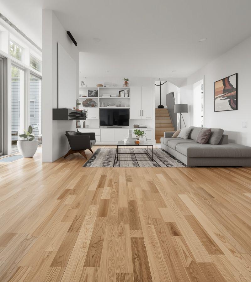 Soggiorno moderno con parquet prefinito sottile sopra pavimento esistente