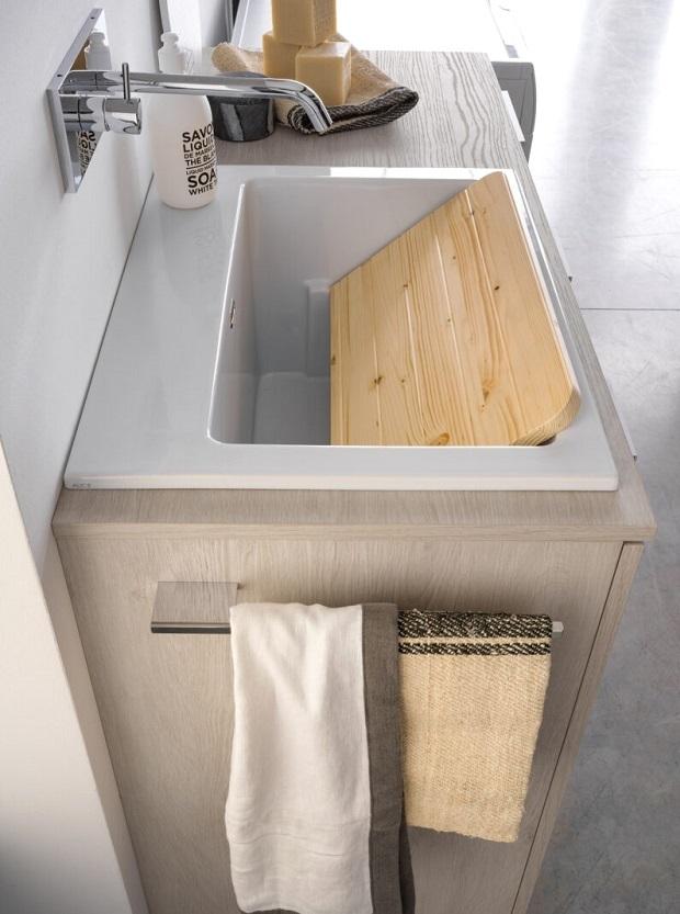 Lavatoio in ceramica da incasso con tavoletta di legno Kandy Idea Group