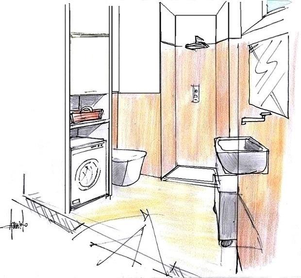 Lavanderia in piccolo bagno con doccia