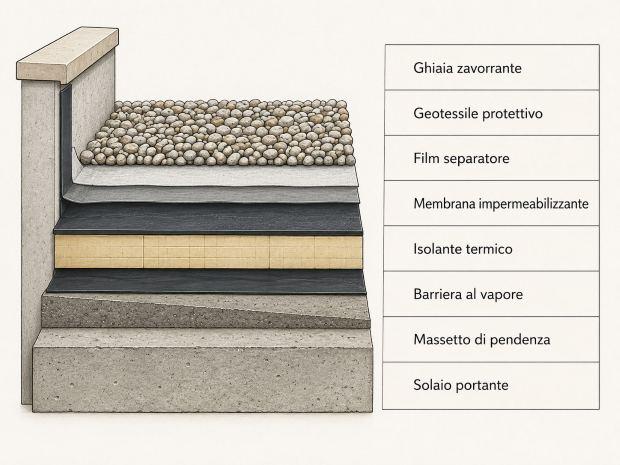 Schema semplificato della stratigrafia di una copertura piana a tetto caldo zavorrata con ghiaia.