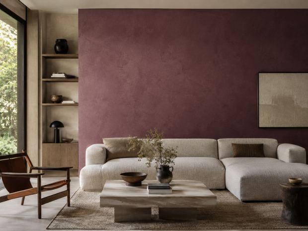 Salone con parete in calce colorata 
