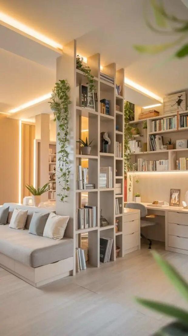 Dividere soggiorno e studio con una libreria, da bestosmosisexperts.com