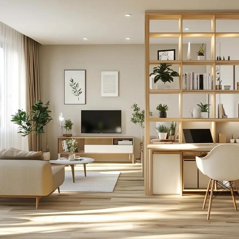 Parete attrezzata per dividere soggiorno e studio, da mardomdecor.com