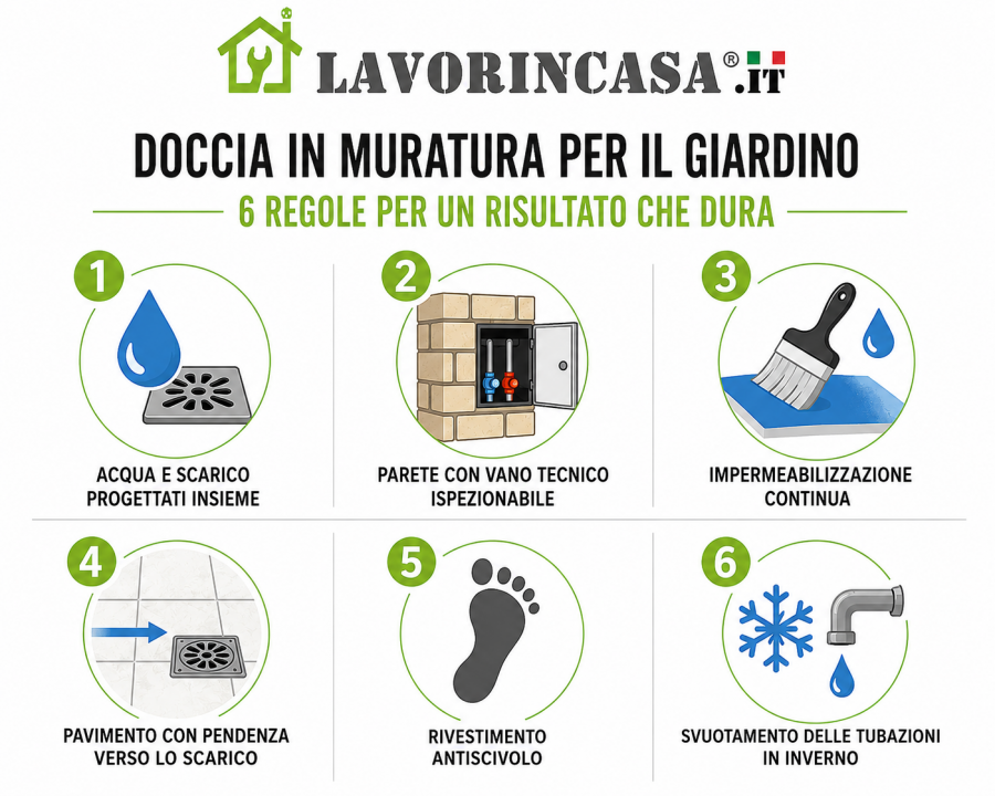Regole per progettare una doccia in muratura in giardino, da Lavorincasa.it