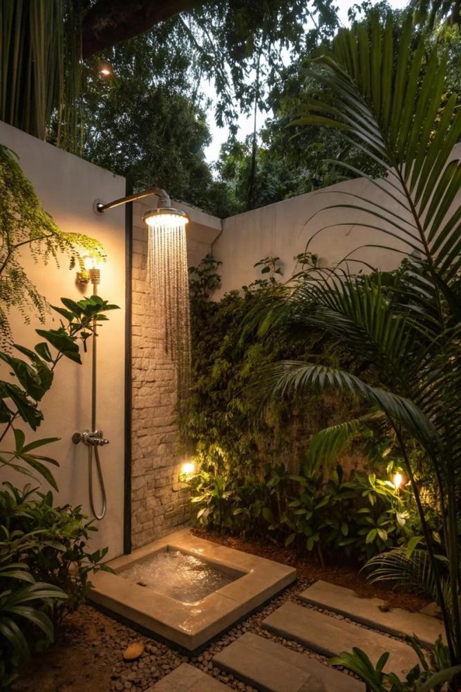 Doccia outdoor e illuminazione, da garden.eco