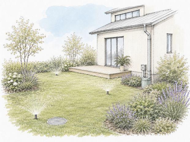 Giardino con irrigatore automatico 