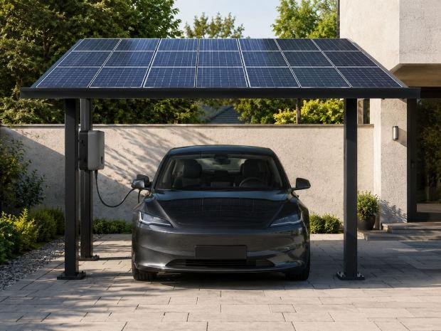 Auto in carica sotto pensilina fotovoltaica 