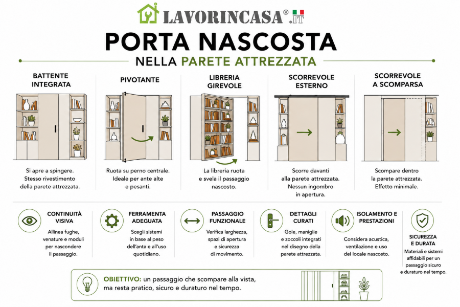 Idee porta nascosta nella parete attrezzata, da Lavorincasa.it