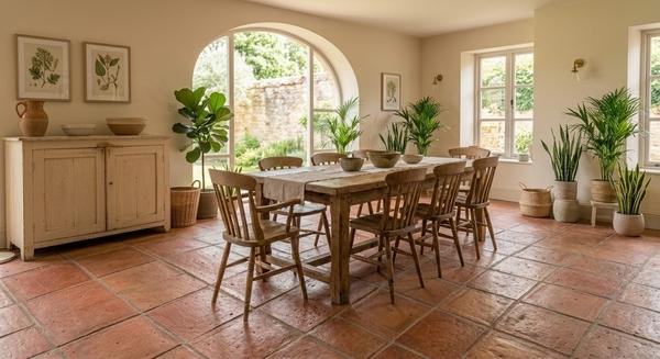 Salotto in gres porcellanato effetto terracotta