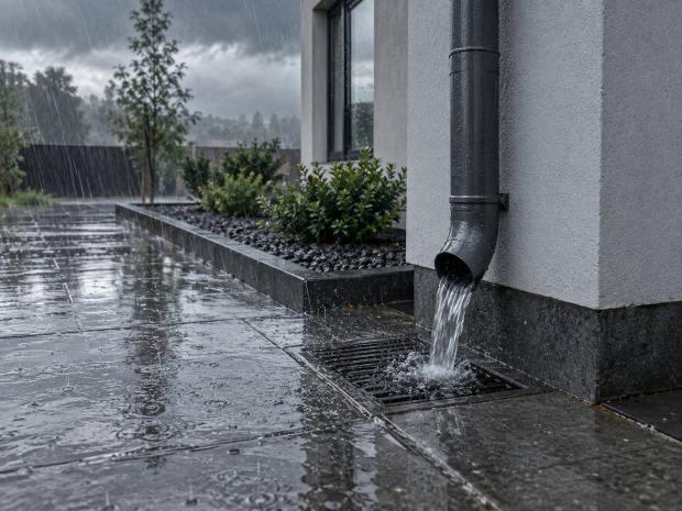 Pozzetto del pluviale durante forte pioggia