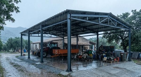 Tettoia metallica sotto la pioggia