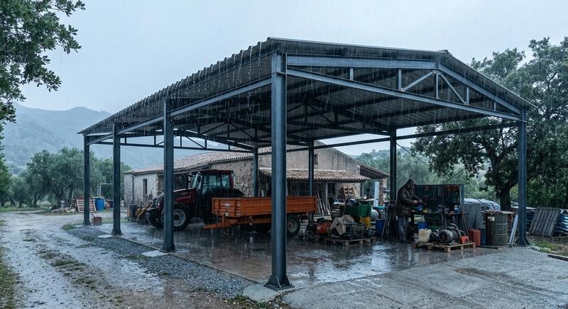 Tettoia metallica sotto la pioggia
